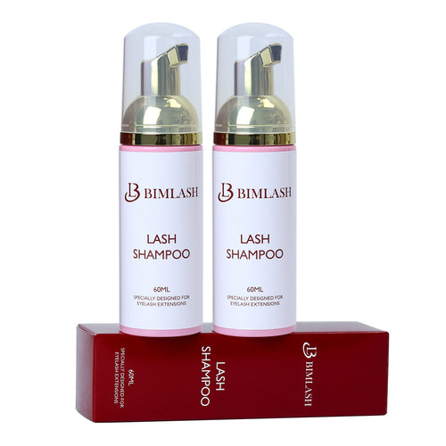 Two bottles of  Lash Shampoo with a red box on a white background RB Lash and Brow New York